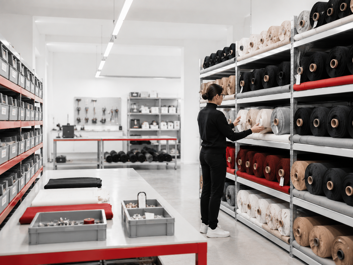 Magazzino organizzato con scaffalature per rotoli di tessuto
