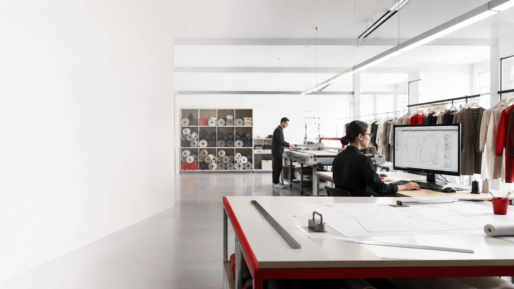 Sala modelli ATICA con postazione CAD e magazzino tessuti sullo sfondo